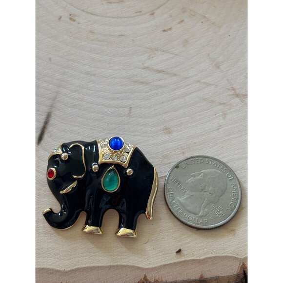 Vintage  Jeweled Elephant Brooch – Black Enamel, Rhinestones & Bold Cabochons - Picture 3 of 9